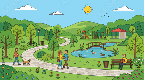 People walk on a winding path in a park with a pond and trees under a sunny sky with a dog.