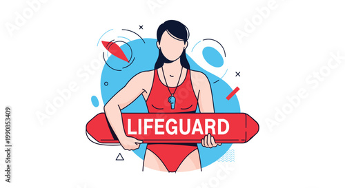 Professional female lifeguard wearing a red swimsuit and a whistle around her neck while holding a rescue buoy in front of a blue background.