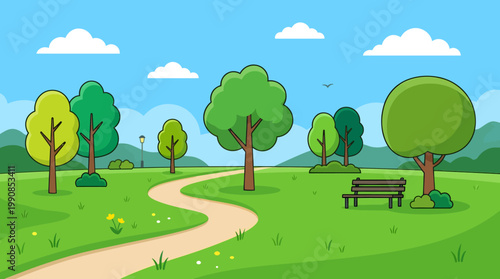 People relax on a serene park bench surrounded by vibrant green trees and lush grassy areas.
