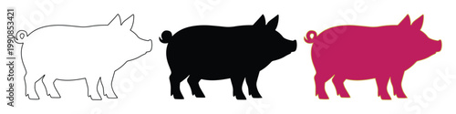 Minimalist pig silhouette vector set, black and pink swine icons for farm branding, simple pig outline and solid shapes for butcher shop logos