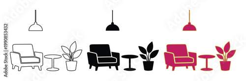 Minimalist living room furniture icons, modern armchair and side table vector set, interior design elements in outline silhouette and pink styles
