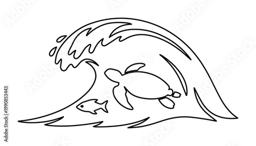 Minimalist sea turtle line art vector, ocean wave with swimming fish illustration, black and white marine life silhouette for coloring or logo design