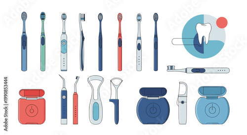 Comprehensive set of dental hygiene tools including toothbrushes, floss, tongue cleaners, and interdental brushes for oral health.