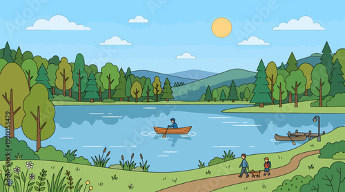 People enjoy kayaking and walking along a serene lake on a sunny day surrounded by trees.