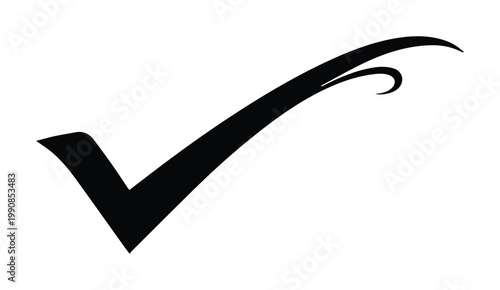 Elegant black check mark vector icon, decorative swoosh tick symbol for approval, stylish hand drawn checkmark for success and validation