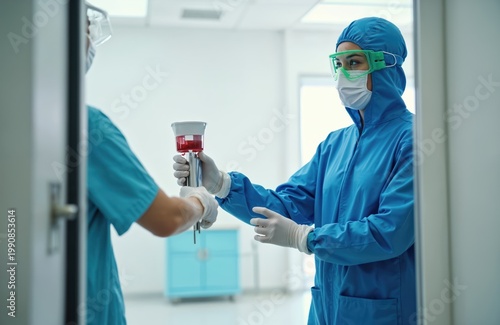 Medical workers in protective gear exchange blood sample container. Scientist gives vial to nurse inside research lab. Transporting clinical specimen for analysis during pandemic.