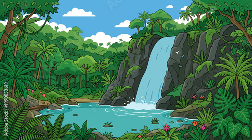 A serene waterfall cascades into a tropical lake surrounded by lush green plants and trees.