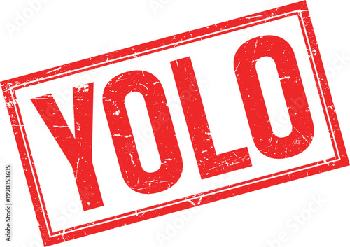 Red YOLO Text in Distressed Rectangular Rubber Stamp Frame Illustration