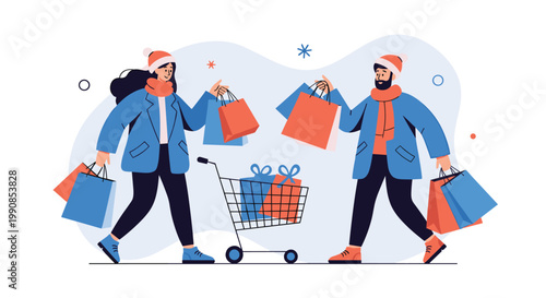Happy young couple wearing winter clothes and hats walking with a shopping cart and many colorful bags during a holiday sale.