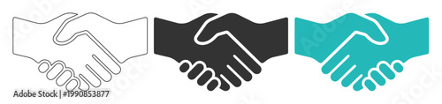 Handshake icon set, three distinct vector handshake symbols, business agreement and partnership concept, deal and collaboration graphic resource isolated PNG with Transparent Background
