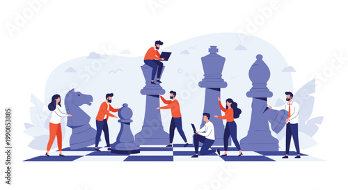 Team of people working together to move giant chess pieces on a large board representing business strategy and collaboration.