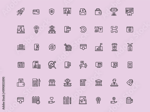 Creative business solutions related icon set. Innovation team management.Set of business process simple outline icons 