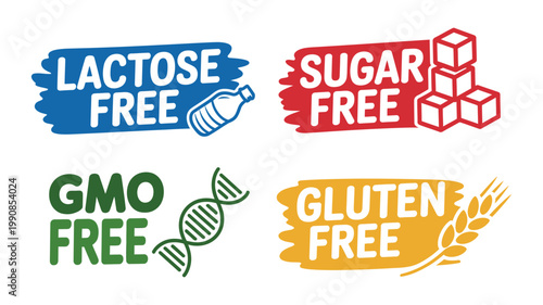 Food allergy and dietary restriction labels, lactose sugar GMO and gluten free icons, nutrition safety and allergen information symbols