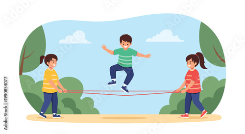 Group of three happy children playing a game of jump rope together on a sunny day in a green park with trees and clouds.