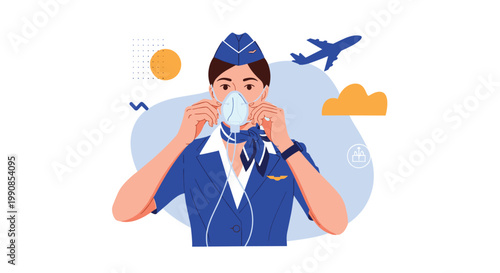 Professional flight attendant in a blue uniform demonstrating how to properly use an emergency oxygen mask on an airplane.