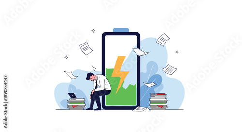 Exhausted businessman sitting next to a low battery icon and huge stacks of paper to represent burnout, fatigue, and overwhelming workload.
