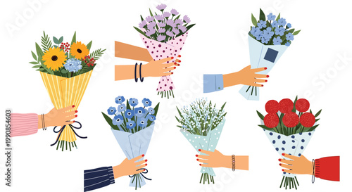 Collection of different hands holding various colorful flower bouquets wrapped in paper to represent celebration, gifts, and occasions.