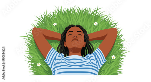 African American woman lying peacefully on lush green grass with closed eyes and white flowers to symbolize relaxation, peace, and nature.