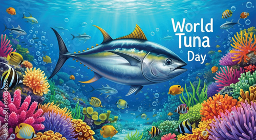 Vibrant ocean scene, World Tuna Day, colorful coral reef, tuna fish, underwater landscape