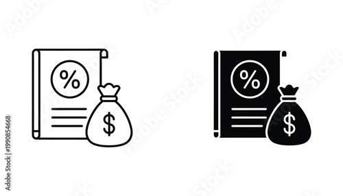 Financial document with percentage and money bag symbol vector icon set in outline and solid black styles for accounting banking and tax return user interface design components