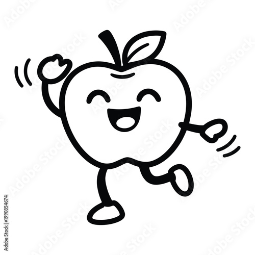Cheerful cartoon apple character dancing happily with a smile on a white background