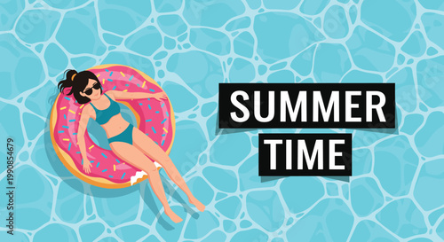 Young woman in a bikini floating on a pink donut inflatable ring in a blue swimming pool with the text summer time for vacation vibes.