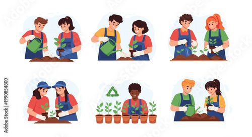 Set of diverse people working in pairs to plant young trees and water them from cans to promote environmental protection and reforestation.