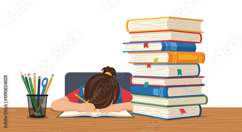 Young girl with dark hair sleeping on her open notebook next to a giant stack of books to represent school fatigue and study pressure.