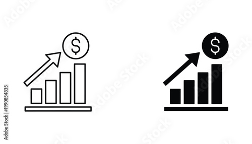 Business growth financial chart with rising arrow and dollar sign vector icon set in outline and solid black styles for economic success and investment tracking interface design applications