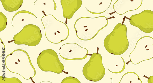 Seamless pattern featuring whole and sliced green pears with seeds on a light yellow background for textile and wallpaper applications.