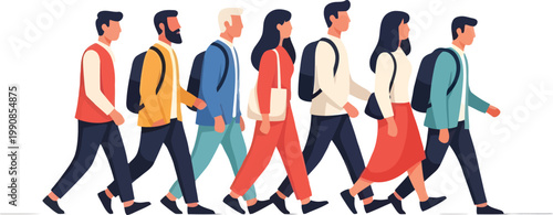 Diverse group of people walking together, flat vector illustration of men and women with backpacks, crowd of young students or commuters on white background