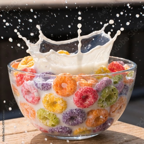 Breakfast Cereal Splash Multicolored Wafers Milk Bowl Dynamic Food Photography Morning Meal
