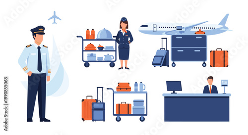 Collection of airport icons including a pilot, flight attendant, luggage carts, reception desk, and an airplane for air travel services.