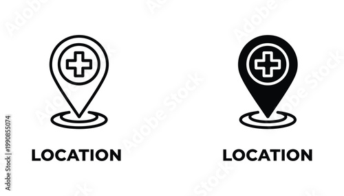 Medical location pin marker with cross symbol icon set in line art and solid black silhouette for healthcare and hospital mapping