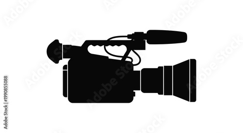 A black silhouette of a vintage camcorder with microphone and lens