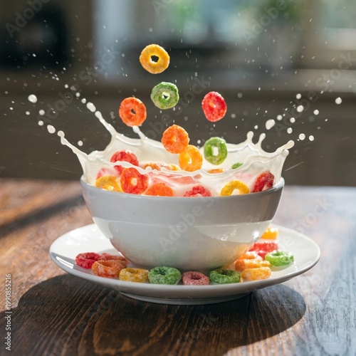 Morning Meal Cereal Splash Multicolored Wafers Milk Bowl Dynamic Food Photography Studio Light