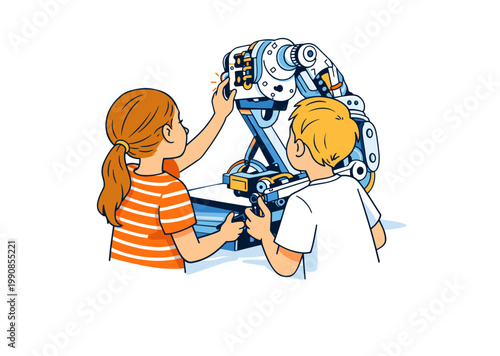 Kids Learning Robotics with Robot Arm. Children explore STEM engineering through hands-on teamwork. Two children work together with an educational robotic arm in a classroom-style setting. 