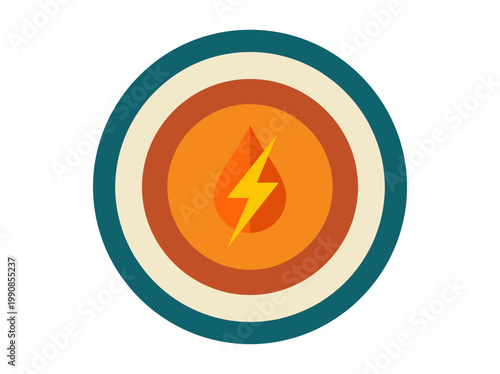 Dynamic circular retro emblem illustrating a fusion of heat and electricity, symbolizing robust power and fuel provision for modern industries.