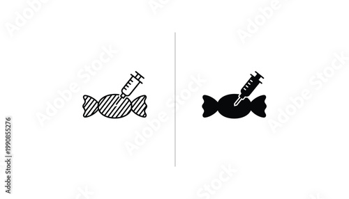 Candy treat with syringe infusion line art and solid black silhouette icon set for conceptual medical or sugar related themes