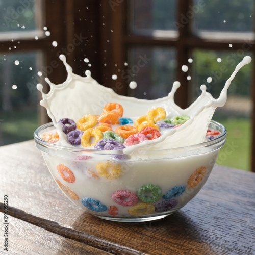 Fruit Flavored Cereal Wafers Milk Splash Dynamic Breakfast Photography Colorful Food Bowl Shot