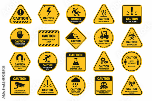 A comprehensive vector compilation displaying essential industrial safety and hazard warning signs for diverse workplace environments.