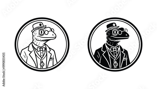 Sophisticated lizard gentleman wearing hat and bowtie line art and solid black silhouette icon set for elegant mascot branding