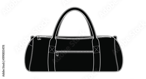 Black and white illustration of a cylindrical duffel bag with a handle