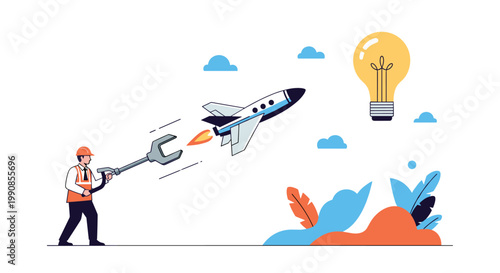 Industrial worker in an orange safety vest launching a rocket with a giant wrench toward a glowing light bulb to symbolize innovation.