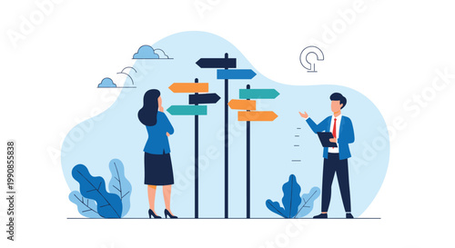 Businessman and businesswoman looking at a signpost with multiple colorful arrows to decide on a direction for their corporate strategy.