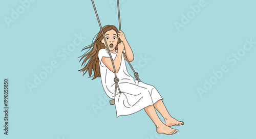Little girl with long brown hair swinging on a rope swing against a light blue background and looking surprised or scared.