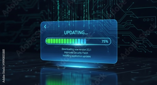 Digital update process with progress bar and technical background, indicating software installation and system enhancement