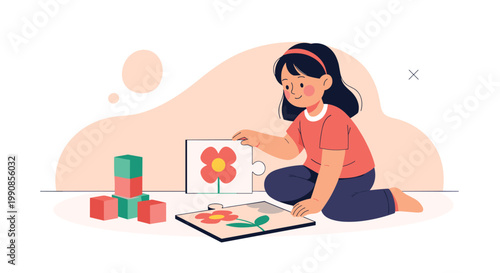 Young girl sitting on the floor and happily playing with colorful toy blocks and a large flower puzzle piece in a playroom setting.