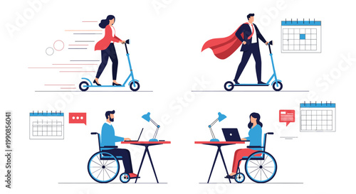 Four illustrations showing a businesswoman on a scooter, a superhero businessman on a scooter, and a man and woman in wheelchairs.