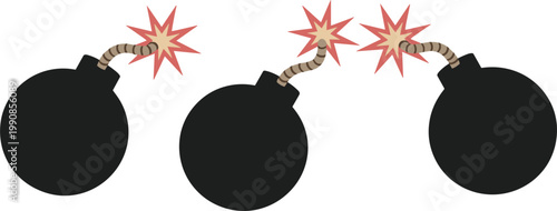 Cartoon bomb set vector illustration, explosive dynamite fuse burning danger icon collection design